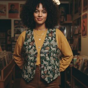 Vintage Americana 90s Dalmatian Tapestry Vest Idea Nuova Dog Print Tie Back M/L